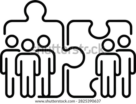 Minimalist black outline icon showing group of five human figures arranged within two interlocking puzzle pieces to symbolize unity teamwork partnership connection cooperation collaboration business integration and collective social community success.