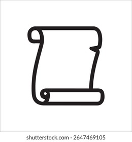 Um ícone de contorno preto minimalista de um pergaminho desenrolado. Ideal para simbolizar documentos antigos, mensagens antigas, contratos, textos históricos ou arquivos digitais.