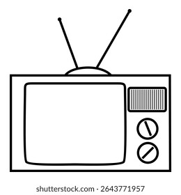 Ícone de contorno preto minimalista de uma televisão vintage com antena, botões e grade de alto-falante lateral, isolado no fundo branco.