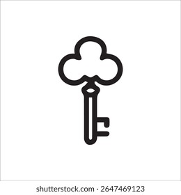 Um ícone de contorno preto minimalista de uma chave de esqueleto vintage com um arco em forma de trevo representando segredos de soluções de segurança de acesso e desbloqueando possibilidades em um fundo branco limpo.