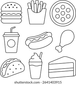 Minimalist black outline icons of fast food items including burger, fries, pizza, hotdog, soda, and more. Great for coloring pages, UI UX, food apps, and restaurant materials.