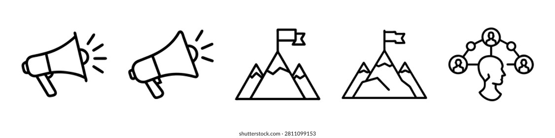 Minimalist black outline icons representing marketing megaphones and mountain summit goals alongside a connected human network for business strategy concepts