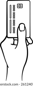 Minimalist black outline illustration of a hand holding a credit or debit card. Isolated on white, ideal for finance-related designs.