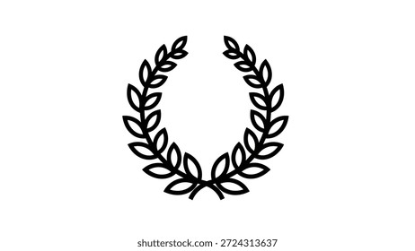 Un contorno negro minimalista de una corona de laurel, que simboliza la victoria, el premio, el éxito y el logro. Diseño limpio sobre un fondo blanco, adecuado para recursos gráficos.