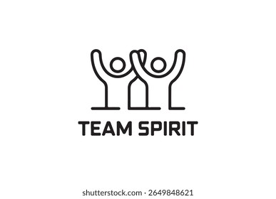 A minimalist black outline logo featuring two stick figures with raised arms, symbolizing unity and team spirit. The text "TEAM SPIRIT" is prominently displayed below the figures