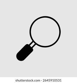 A minimalist, black outline of a magnifying glass with a solid black handle is centered on a plain, light gray background. The image is clean and modern.