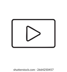 A minimalist black outline of a play button inside a rounded rectangle, set against a white backdrop.