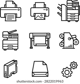 Minimalist black outline set of vector icons featuring various printing and office equipment, including desktop printers, multi-function copy machines, plotters, industrial printers, ink cartridges, paper reams, and gears, representing printing services, office technology, and documentation logistics isolated on a white background.