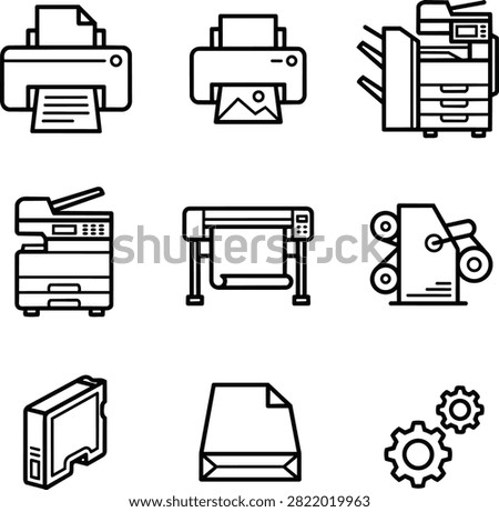 Minimalist black outline set of vector icons featuring various printing and office equipment, including desktop printers, multi-function copy machines, plotters, industrial printers, ink cartridges, paper reams, and gears, representing printing services, office technology, and documentation logistics isolated on a white background.