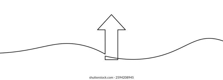 Minimalist black outline of an upward-pointing arrow emerging from a wavy line. A single line drawing of a arrow. One line icon.  Continuous line arrow icon. Vector illustration 