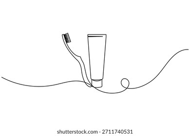 Minimalist black outline vector drawing of toothpaste tubes and various toothbrushes.