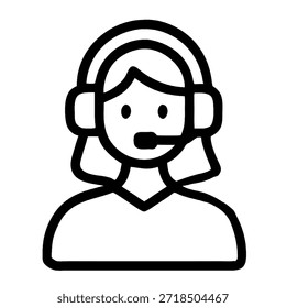 Minimalist black outline vector graphic depicting a stylized female individual wearing over-ear headphones and a boom microphone, suitable for representing support roles, telecommunication concepts, or contact centers across various digital platforms and user interfaces.