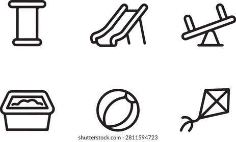 Minimalist black outline vector graphic icons representing various fun outdoor playground equipment and kids activity toys