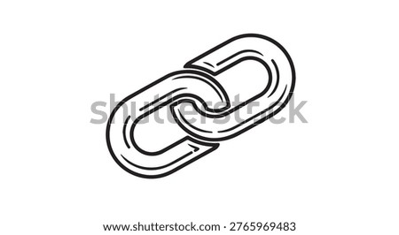 Minimalist black outline vector graphic illustration of a chain link symbolizing internet connection, digital hyperlinks, and strong unity.