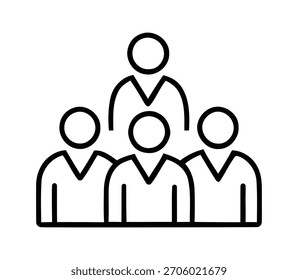 Un ícono de Vector de contorno negro minimalista que representa una Pequeña estructura de equipo con una figura posicionada ligeramente más alta, lo que sugiere liderazgo o antigüedad sobre los otros cuatro miembros. Perfecto para empresas