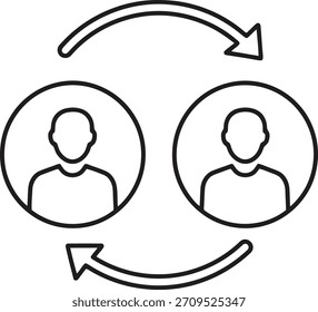 Un Vector de contorno negro minimalista que muestra a dos personas intercambiando, aisladas sobre fondo blanco, perfecto para diseños de comunicación.