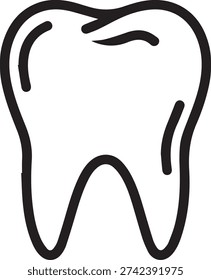 A minimalist black outline vector illustration of a single human tooth. This simple line art icon represents dental health, oral hygiene, and dentistry. It is suitable for use in medical and healthcare-related projects, such as websites, mobile applications, educational materials, and infographics. The clean design makes it versatile for various design purposes, including branding for dental clinics, informational graphics on proper brushing techniques, or as a general symbol for health and wellness. The isolated design on a white background ensures easy integration into any layout.
