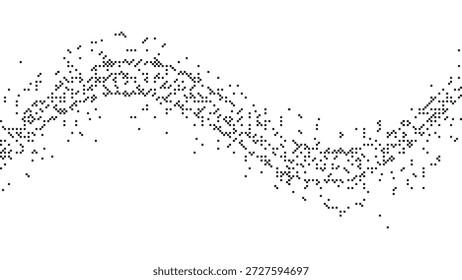 Onda de pixel preto minimalista fluindo através de um fundo branco com partículas pontilhadas criando uma sensação de movimento fluido Ilustração de vetor