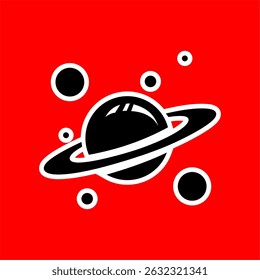 Minimalist Black Planet with Rings and Moons on Red Background
