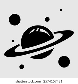 Minimalist black planet with rings and orbiting celestial bodies on a light gray background. A modern space-themed icon representing Saturn, astronomy, and the universe.