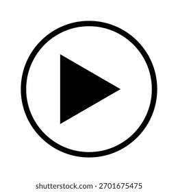 A minimalist black play button icon, centered within a circular outline, set against a clean white background. This universal symbol represents media playback, start, and forward action.
