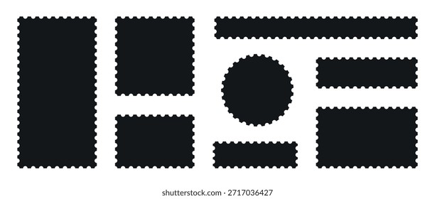 Minimalista Negro marco de sello postal conjunto con borde en zigzag o diferente conjunto de rectángulo y cuadrado marcos de franqueo Ilustración vectorial
