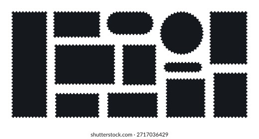 Minimalista Negro marco de sello postal conjunto con borde en zigzag o diferente conjunto de rectángulo y cuadrado marcos de franqueo Ilustración vectorial