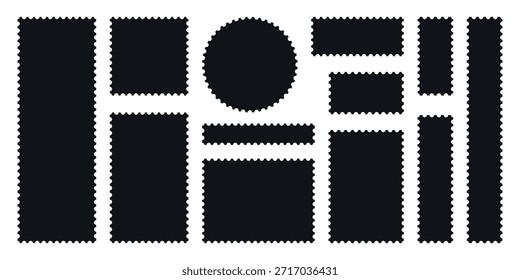 Minimalista Negro marco de sello postal conjunto con borde en zigzag o diferente conjunto de rectángulo y cuadrado marcos de franqueo Ilustración vectorial