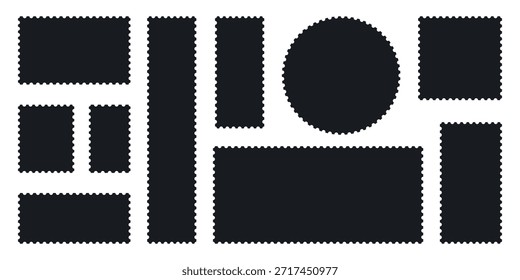 Conjunto de quadros de carimbo de postagem preto minimalista com borda em ziguezague ou Conjunto diferente de retângulo e quadrado quadros de postagem ilustração vetorial