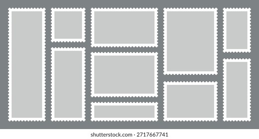 Conjunto de quadros de carimbo de postagem preto minimalista com borda em ziguezague ou Conjunto diferente de retângulo e quadrado quadros de postagem ilustração vetorial