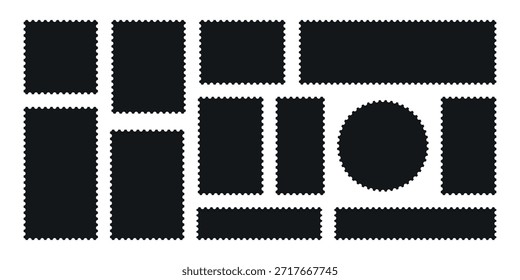Conjunto de quadros de carimbo de postagem preto minimalista com borda em ziguezague ou Conjunto diferente de retângulo e quadrado quadros de postagem ilustração vetorial