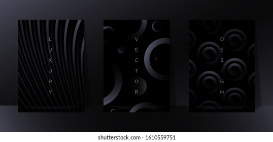 Minimalist black premium abstract background set with luxury dark geometric elements. Exclusive wallpaper design for poster, brochure, flyer, presentation, website etc. - Vector EPS