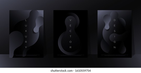 Minimalist black premium abstract background set with luxury dark geometric elements. Exclusive wallpaper design for poster, brochure, flyer, presentation, website etc. - Vector EPS