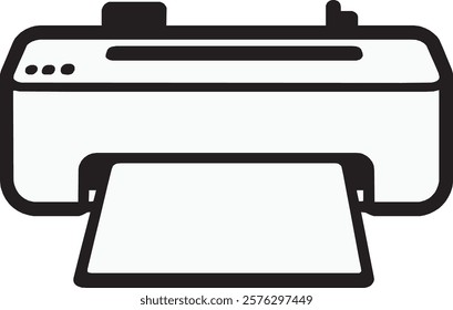 A minimalist black printer icon on a white background. It showcases a compact rectangular design with a paper sheet emerging from the top, complete with clean lines and a modern, professional style.