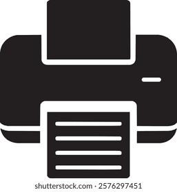 A minimalist black printer icon on a white background. It showcases a compact rectangular design with a paper sheet emerging from the top, complete with clean lines and a modern, professional style.