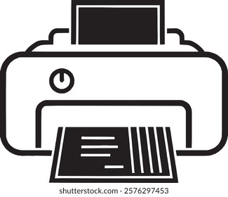 A minimalist black printer icon on a white background. It showcases a compact rectangular design with a paper sheet emerging from the top, complete with clean lines and a modern, professional style.