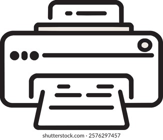 A minimalist black printer icon on a white background. It showcases a compact rectangular design with a paper sheet emerging from the top, complete with clean lines and a modern, professional style.