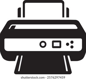 A minimalist black printer icon on a white background. It showcases a compact rectangular design with a paper sheet emerging from the top, complete with clean lines and a modern, professional style.