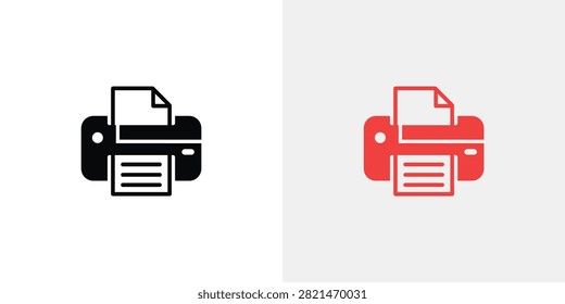 Minimalist black printer icon on white background and red printer icon illustrating paper output and document printing process