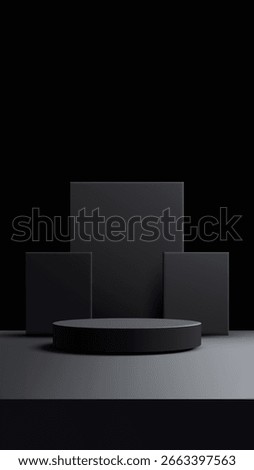 minimalist black product display designed for branding professionals, featuring a dark gray podium and blocks in a modern studio setting for premium mockups or marketing visuals