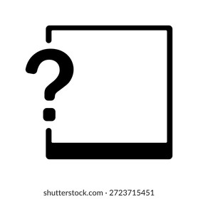 Signo de interrogación negro minimalista en marco cuadrado sobre fondo blanco.