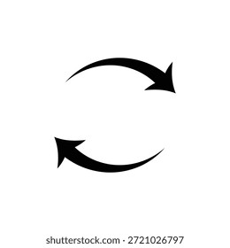 Icono de actualización minimalista negro con dos flechas curvas que forman un bucle completo, ideal para recargar, Actualizar, Reiniciar, repetir o reciclar conceptos.