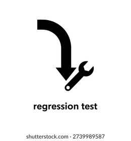 Minimalist black regression test symbol featuring a wrench and curved downward arrow on white background, ideal for software testing and quality assurance graphics.