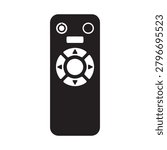 A minimalist, black remote control featuring a whimsical face design with two circular eyes and a rectangular mouth. The central button displays the Ubuntu logo, combining directional arrows and a cir.
