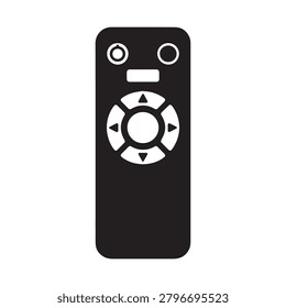 A minimalist, black remote control featuring a whimsical face design with two circular eyes and a rectangular mouth. The central button displays the Ubuntu logo, combining directional arrows and a cir.
