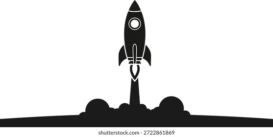 Ilustración vectorial minimalista de lanzamiento de cohetes negros que simboliza el éxito de las startups, la innovación, la estrategia de crecimiento, el desarrollo tecnológico y los conceptos de motivación empresarial.