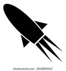 A minimalist black rocket silhouette flying upwards isolated on white background. This simple icon represents space exploration, startup success, speed, and innovation.