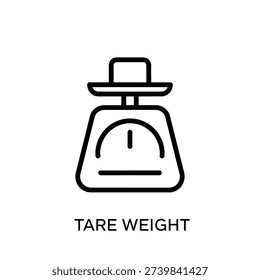 Minimalist black scale icon with 'TARE WEIGHT' text on a clean white background, ideal for commercial and industrial weighing concepts.