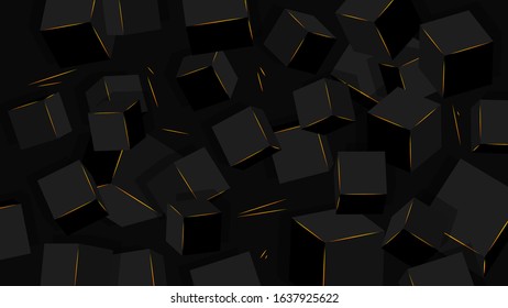 Minimalist black sci-fi background, black cubes with golden edges.