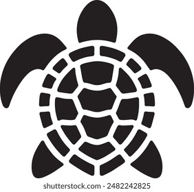 A minimalist black sea turtle icon on a white background. The design features a detailed shell pattern with flippers and a head, representing the marine creature. Ideal for use in marine life content,